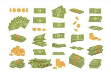 Çizgi film banknotu. karikatür dairesi minimalist banka nakit parası, finans ekonomisi bankacılık ödeme konsepti, yeşil dolar işaretleri. vektör çizgi film ögeleri koleksiyonu.