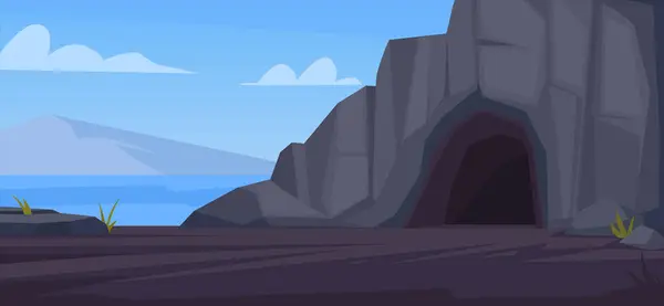 バックグラウンドを開く洞窟 先史時代の地上洞窟 ミニスティック鉱山の石 ピット ベクトル漫画の背景 ロイヤリティフリーストックベクター