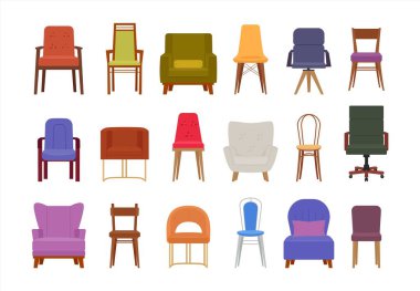 Sandalyeler. Koltuk, tabure, yüksek sandalye, ev, ofis mobilyası, kanepe, rahat oturma odası mobilyası. vektör düz çizgi film modern mobilya koleksiyonu.