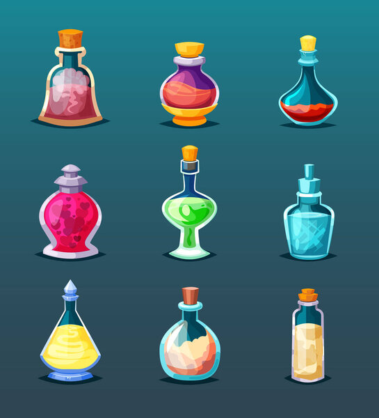 magic eleixires. fantasy fairy Potion bottles with poison alchemy, Ui game assets, mystic bottles collection. vector cartoon objects set.
