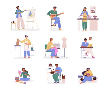 İnsanlar el işi hobileri yapar. Minimalist çizgi film karakterleri koleksiyonu, sanat ve zanaat insanları, profesyonel yaratıcı kişiler, el yapımı imalat çömleği çizimi. vektör çizgi film düz karakterleri ayarlandı.