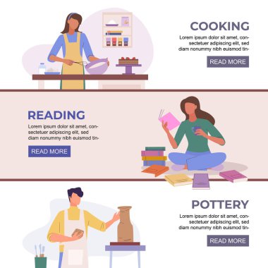 El işi pankartlar. El yapımı imalat çömlekleri, profesyonel yaratıcı insanlar, minimalist çizgi film karakterleri koleksiyonu, sanat ve zanaat insanları. vektör çizgi film yatay afişi.