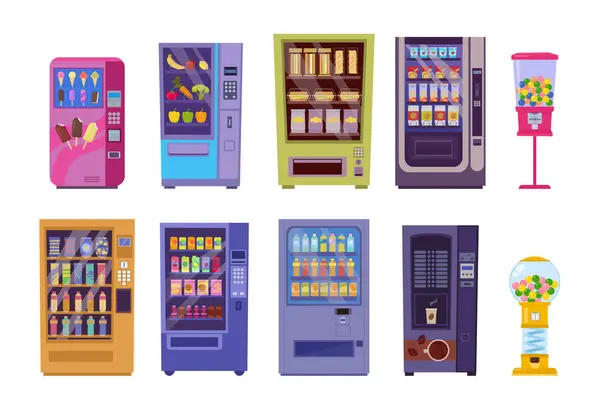 otomat makineleri. Otomatik satış yapan tüketici malları, izole kahve satıcıları, çizgi filmlerdeki minimalist abur cubur servisi. vektör çizgi film düz ögeler koleksiyonu.