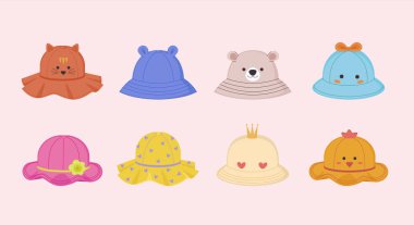 Şirin çocuksu şapkalar. Hayvanlar ve desenleri olan güzel, şirin, farklı şekilli panamalar, komik karikatür yaz başlığı koleksiyonu. vektör karikatür nesneleri.