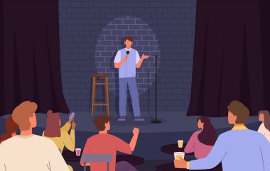 Halk konuşma geçmişi. Sahne performansından halk konuşması, mikrofonlu komik duruş, podyum mizah şovundan konferans konuşması. vektör karikatürü kavramsal arkaplan.