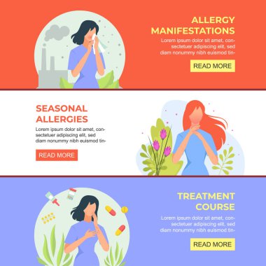 Alerji belirtileri. Çizgi film afiş koleksiyonu, alerji tipleri, mevsimsel alerjiden muzdarip insanlar kaşıntı ve sulu gözler, kızarıklık, hapşırma. vektör karikatür kavramsal sancak.