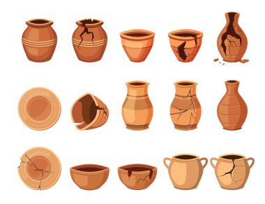 Çömlek seti. vazo kapları, seramik toprak eşyalar, karikatür eski antika kaplar. vektör çizgi film düz nesneler koleksiyonu.