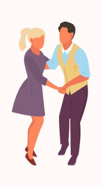 Dans eden insanlar. Mutlu çizgi film karakterleri müzik dinleyip, neşe ve eğlenceden dans ediyorlar, disko partisinden zevk alıyorlar. vektör çizgi filmi grafiği.