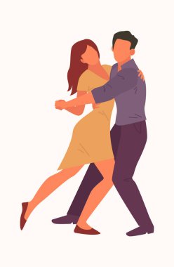 Dans eden insanlar. Neşeli ve eğlenceli dans, mutlu çizgi film karakterleri müzik dinleyerek eğleniyor. vektör çizgi filmi grafiği.