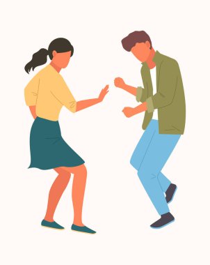 Dans eden insanlar. Erkek ve kadın karakterler müzik dinleyip neşe ve eğlenceden dans ediyorlar. Disko partiden zevk alıyor. vektör çizgi film karakterleri.