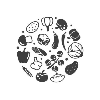 Sebze ikonları arka planı. Çember şeklinde cadı sebzeleri, salatalık domatesli patates soğan kabağı, organik sağlıklı yiyecekler. vektör çizgi film düz arkaplan