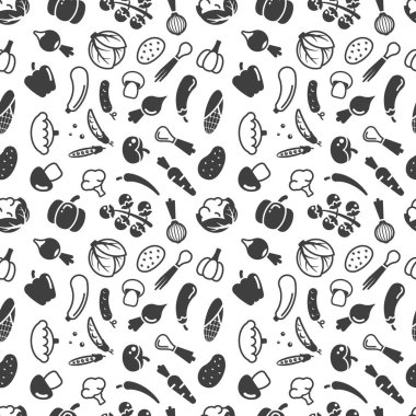 Sebze ikonları deseni. Çember şeklinde cadı sebzeleri, salatalık domatesli patates soğan kabağı, organik sağlıklı yiyecekler. vektör karikatürsüz desen.