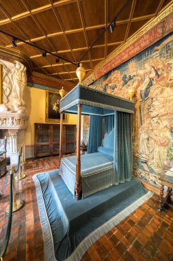 Fransa 'nın ünlü ortaçağ şatosu Chateau de Chenonceau' daki yatak odası.
