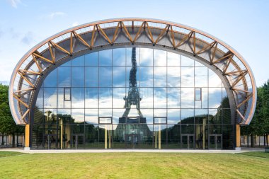 Eiffel tower in Reflection on Grand Palais Ephemere, Paris, France