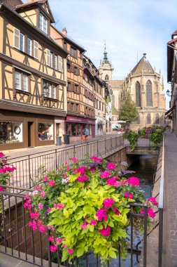 Colmar, Alsace, Fransa 'da renkli yarı keresteli evler