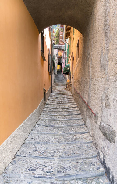 Narrow street in famous city Varenna on Como Lake, Italy