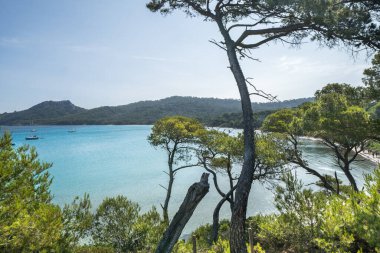 Porquerolles adasındaki dünyaca ünlü Notre Dame plajı (Plage Notre-Dame) (Ile de Porquerolles), Fransa