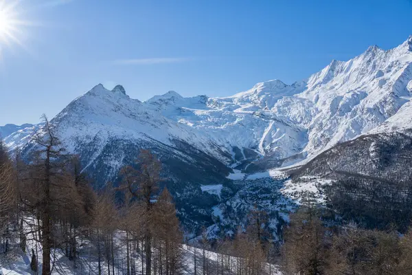 Famous mountain massif with Allalinhorn and Dom near Saas-Fee in Switzerland