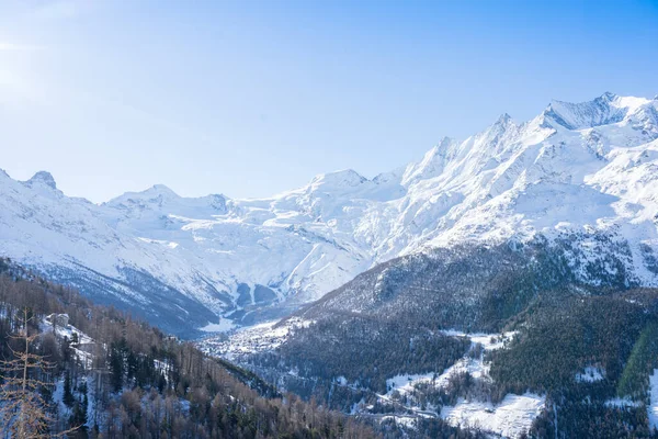 Famous mountain massif with Allalinhorn and Dom near Saas-Fee in Switzerland
