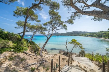 Porquerolles adasındaki dünyaca ünlü Notre Dame plajı (Plage Notre-Dame) (l 'le de Porquerolles), Fransa