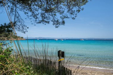 Porquerolles adasındaki dünyaca ünlü Notre Dame plajı (Plage Notre-Dame) (l 'le de Porquerolles), Fransa