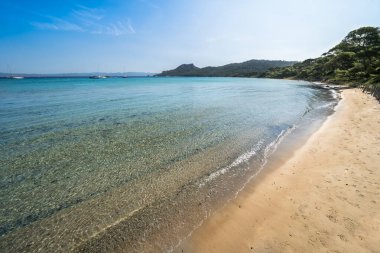 Porquerolles adasındaki dünyaca ünlü Notre Dame plajı (Plage Notre-Dame) (l 'le de Porquerolles), Fransa