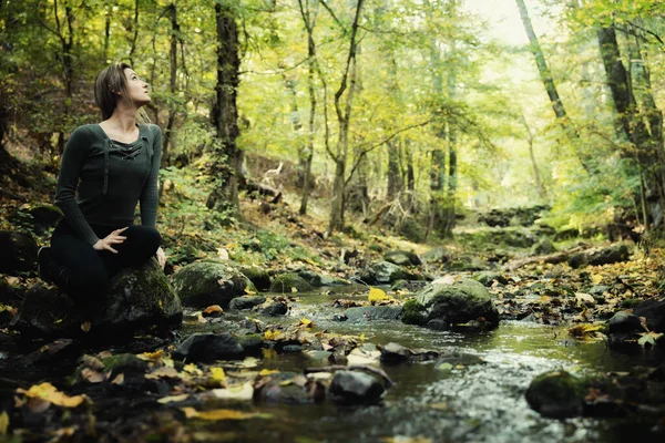 Ormandaki Genç Sarışın Kadın Yaklaş — Stok fotoğraf