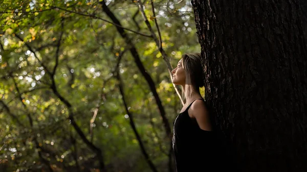 Jovem Loira Mulher Inclinada Árvore Closeup Foto — Fotografia de Stock