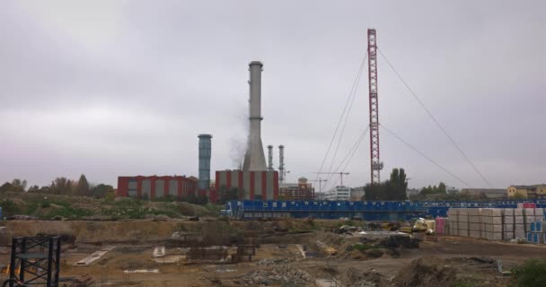 High Pipes Power Plant Construction Site Closeup — Stock Video