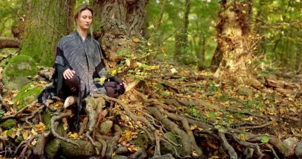 Piękna Młoda Kobieta Medytująca Lesie Zbliżenie — Wideo stockowe