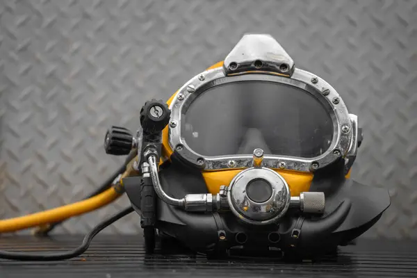 Commercial Diving Helmet Closeup Photo Steel Background Stock Picture