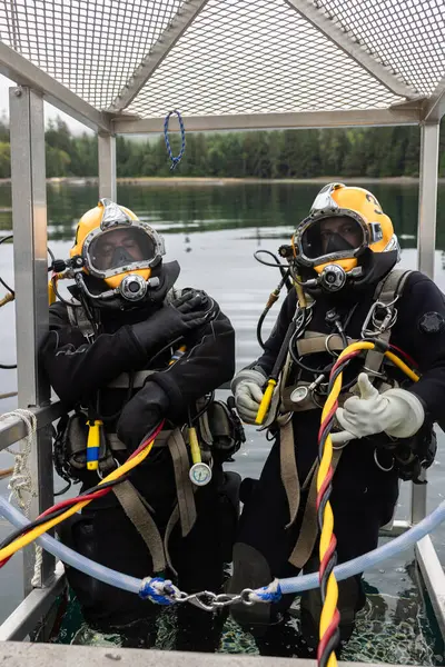 stock image Commercial diver prepared for deep water entry closeup