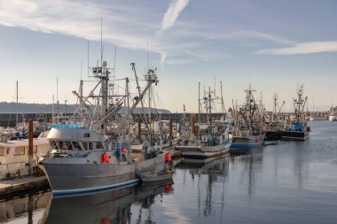 Commercial fishing boats moored at harbor pier closeup clipart