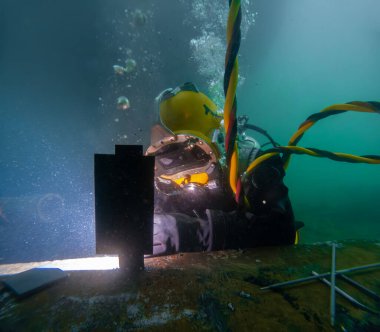 Underwater welding in deep ocean depths closeup clipart