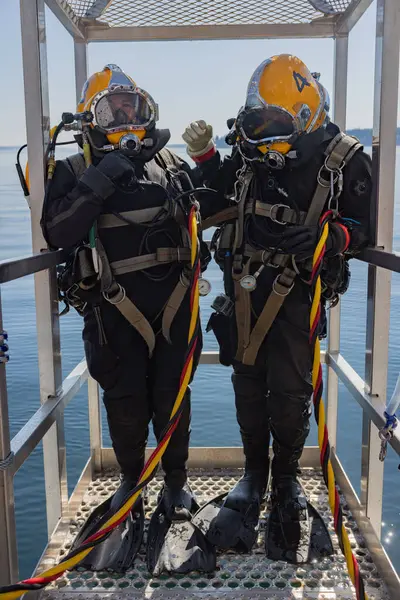 Stock image Commercial diver prepared for deep water entry closeup