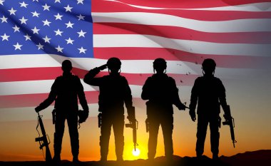 Silhouette of army soldier with USA flag. Greeting card for Veterans Day, Memorial Day, Independence Day. Armed Force concept. EPS10 vector