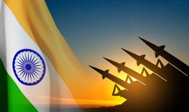 Silhouette of missiles on background of susnet and India flag. Air defence concept. EPS10 vector