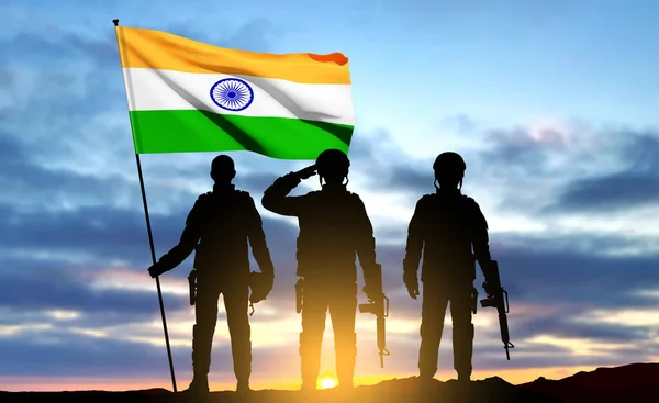 stock vector Silhouette of soldiers with India flag on a background the sunset. Greeting card for Independence day, Republic Day, Kargil Vijay Diwas. EPS10 vector