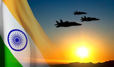 India flag on a background the sunset with military aircraft. EPS10 vector
