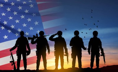 Silhouette of army soldier with USA flag. Greeting card for Veterans Day, Memorial Day, Independence Day. Armed Force concept. EPS10 vector