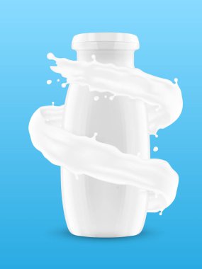 Milk splashe around the bottle of yogurt, milk. EPS10 vector