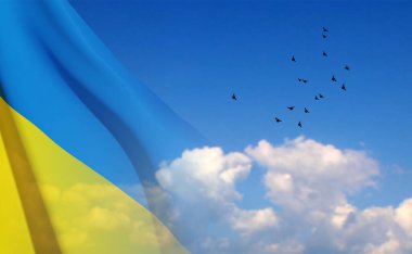 Ukraine flag in blue sky. Background for National holiday. EPS10 vector