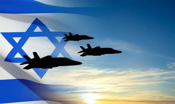 Military aircraft on background of sunset and flag of Israel. Air Force concept. EPS10 vector