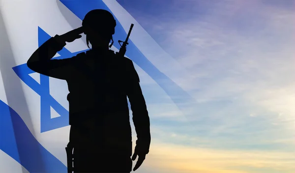Silhouette of soldier with Israel flag against the sunrise. Concept - armed forces of Israel. EPS10 vector