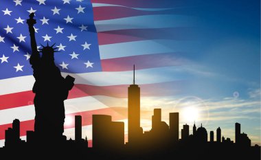 Silhouette of the Statue of Liberty over the scene of New york cityscape with USA flag. EPS10 vector