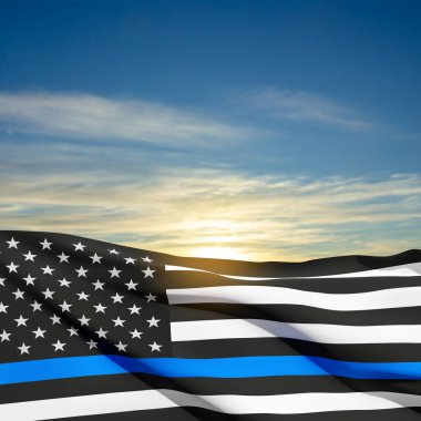 Thin Blue Line. American flag with police blue line on a background of sunset. Support of police and law enforcement. EPS10 vector