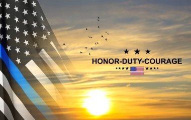 Thin Blue Line. American flag with police blue line on a background of sunset. Support of police and law enforcement. EPS10 vector
