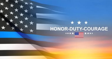 Thin Blue Line. American flag with police blue line on a background of sunset. Support of police and law enforcement. EPS10 vector