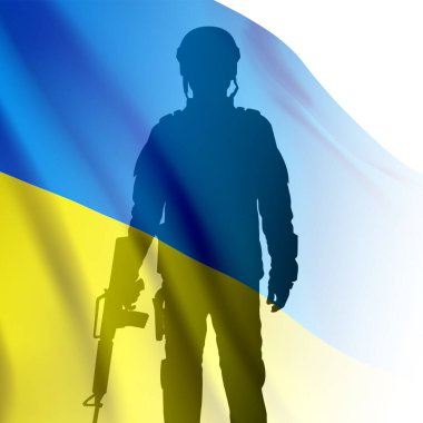 Silhouette of Ukrainian soldier with flag on white background. Military concept. EPS10 vector