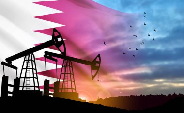 Silhouette of Oil pump. Industrial machine for petroleum on background of sunset. Qatari Oil Industry concept. EPS10 vector